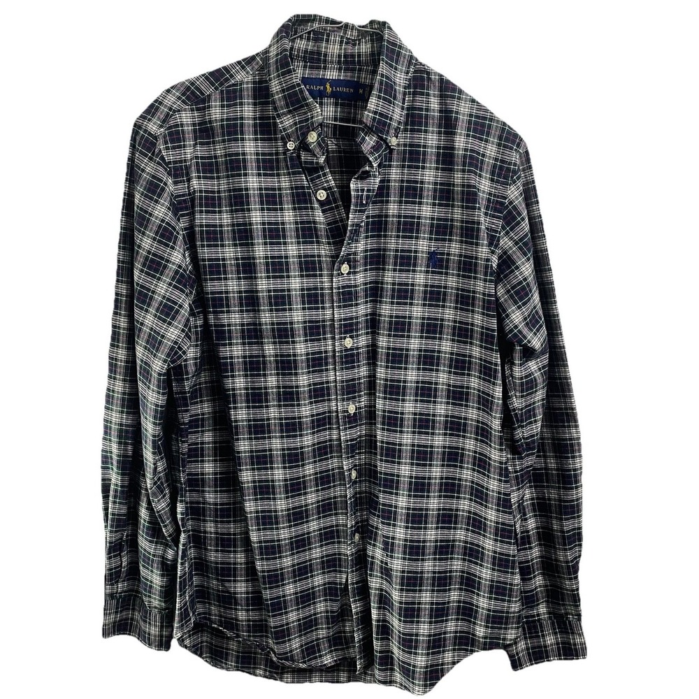 Polo Ralph Lauren Mens Button Down Dress Shirt Green/ Navy Plaid Cotton Sz. M